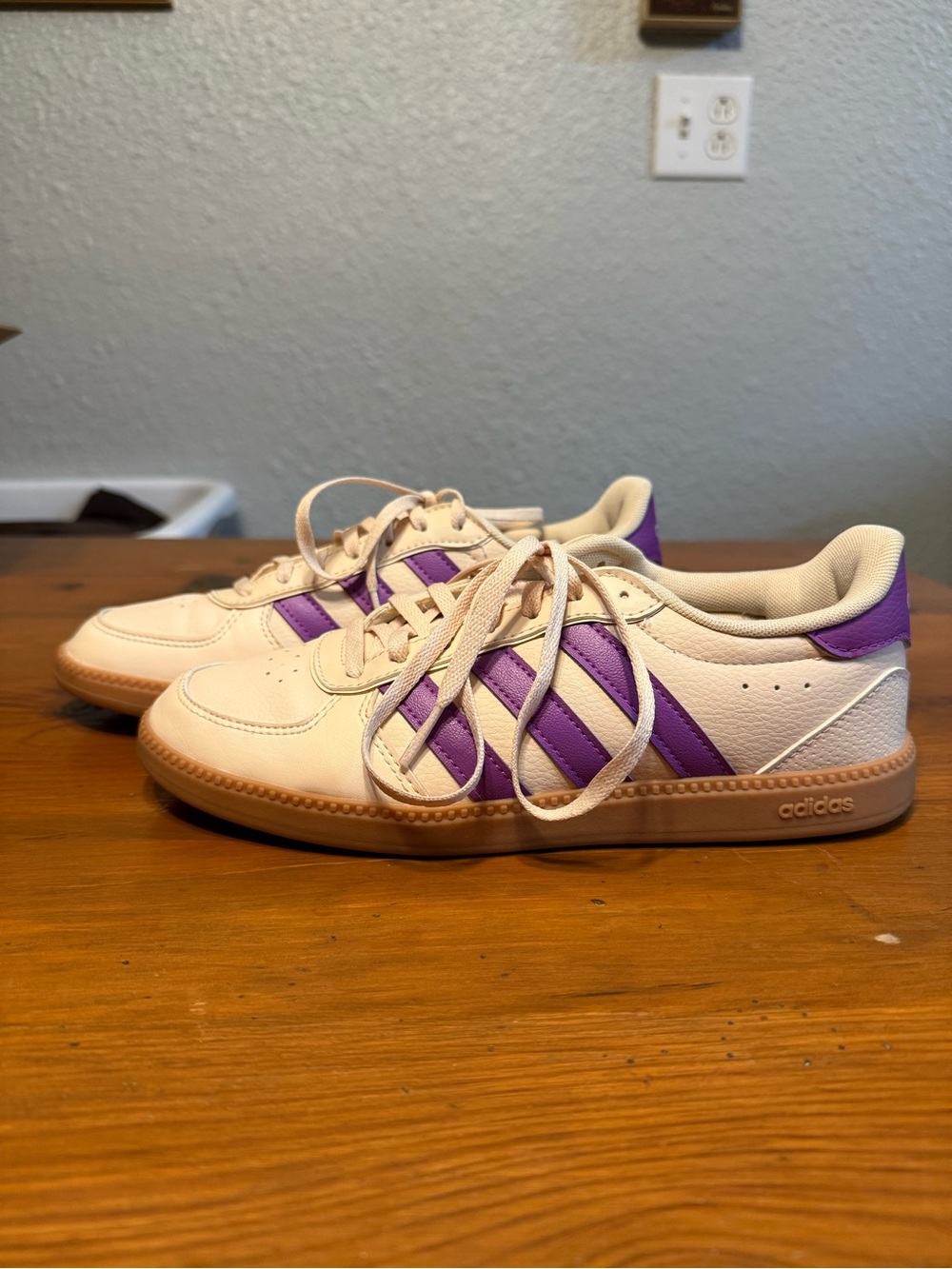 adidas Cream Sneakers with Purple Stripes - Picture 1 of 7